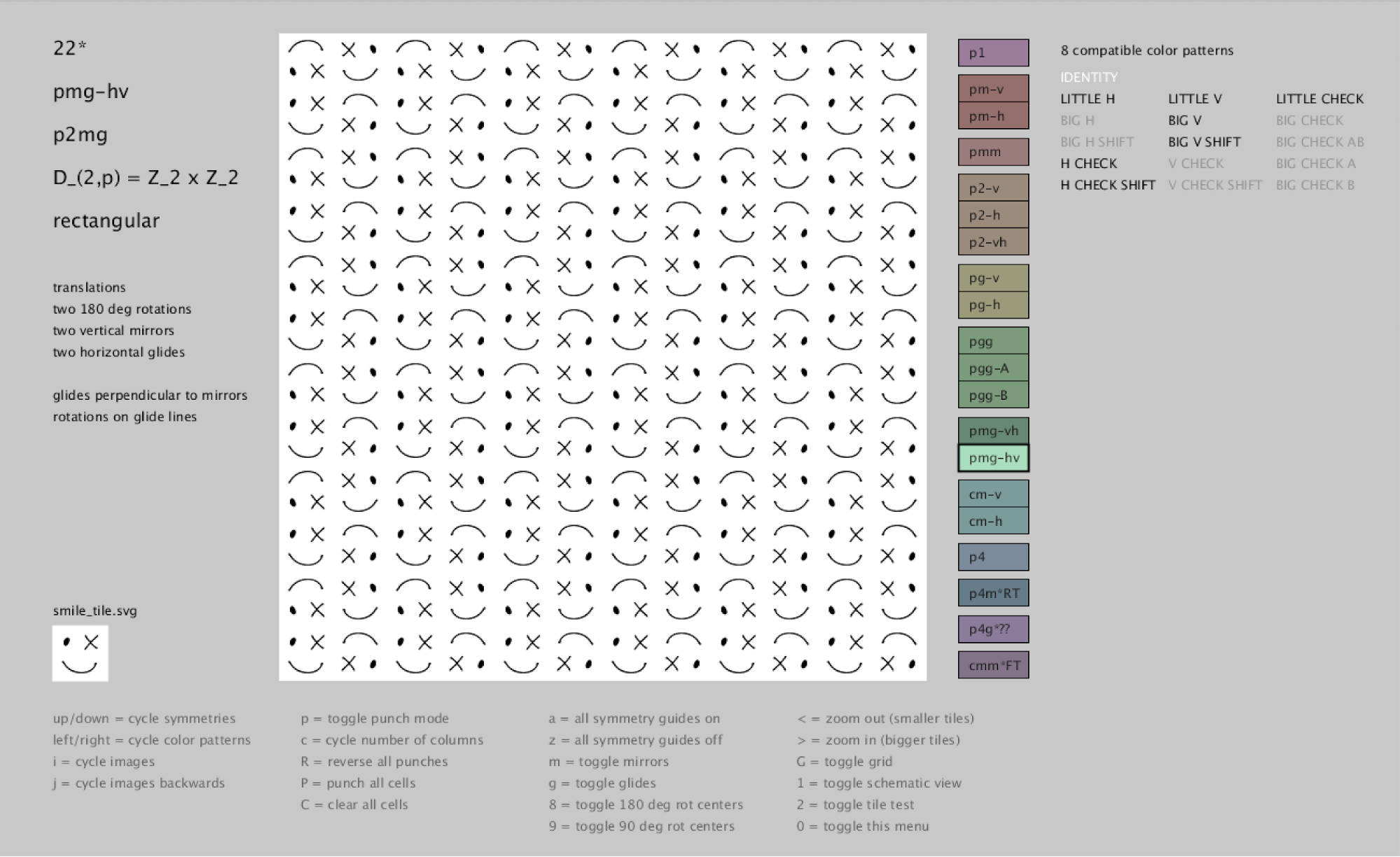 Symmetry Generator showing action of wallpaper symmetry pmg on a simple "smile tile" SVG image