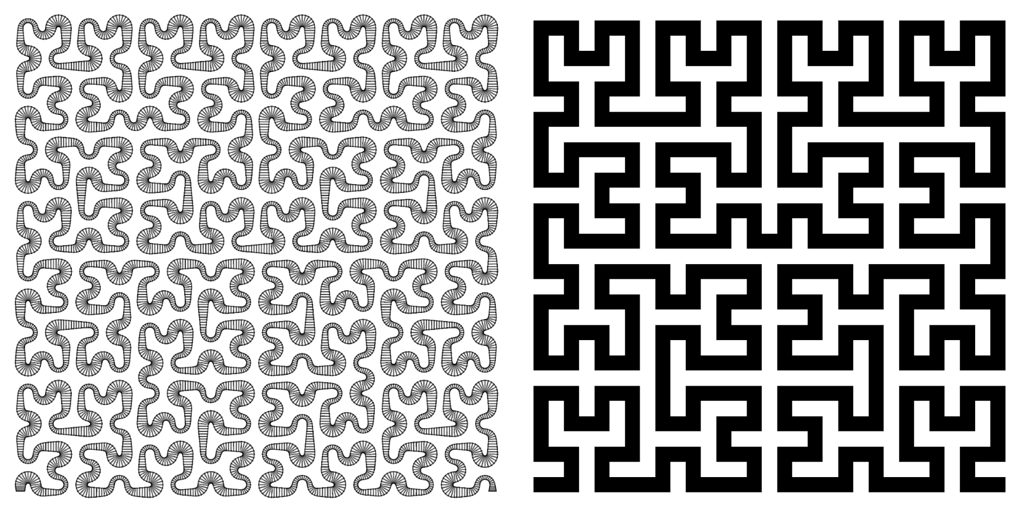 The Hilbert curve in two different versions, curvy and straight.