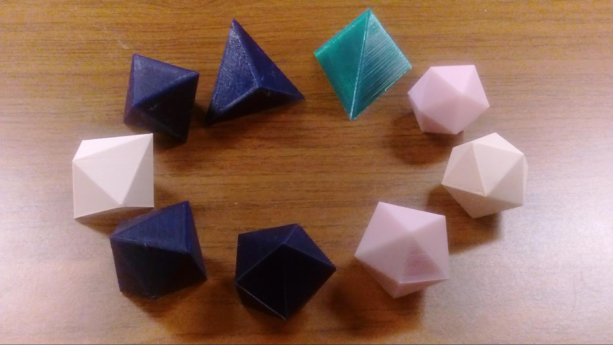 Akiyamahedra with 4 to 12 vertices, 3D printed at ICERM (2019)