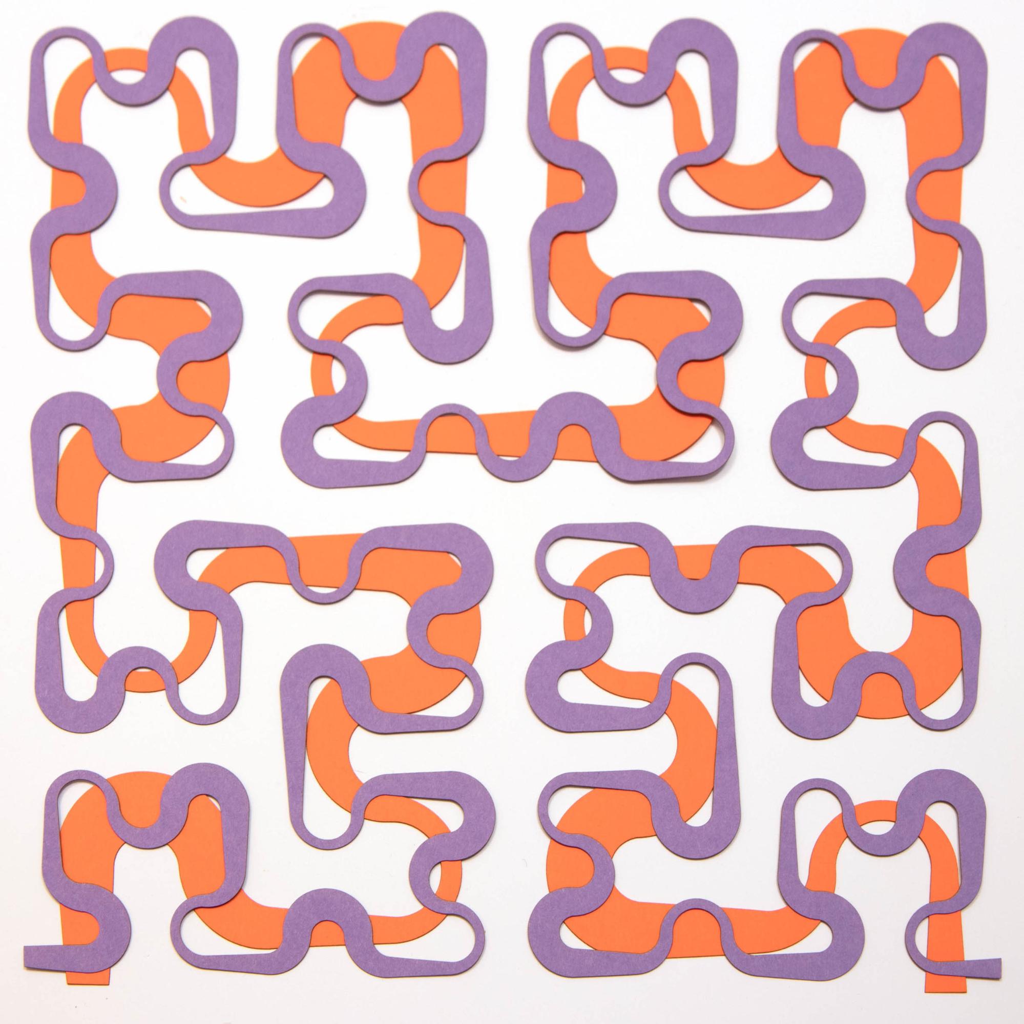 Two iterations of the Hilbert curve with different colors. This was made by laser cutting two sheets of paper. (Photo: Edmund Harriss)