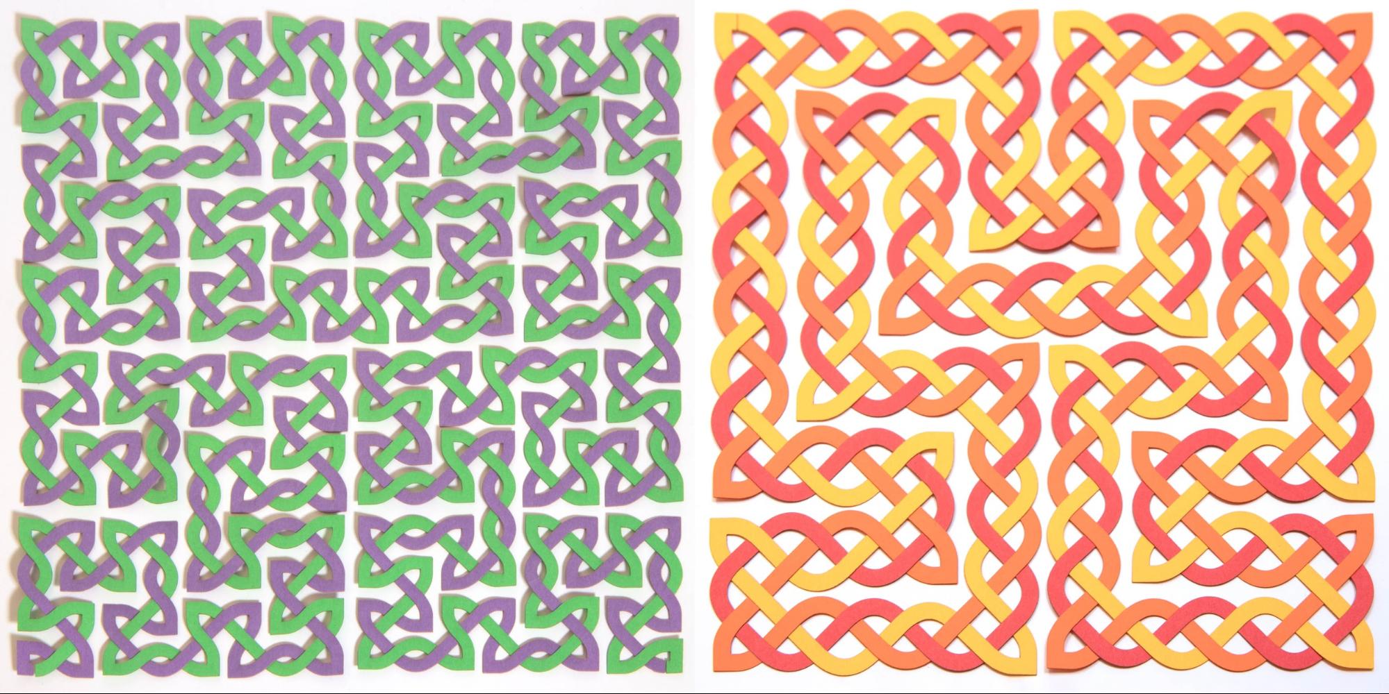 Celtic knot renditions of the Hilbert curve made with paper. I have previously explored Celtic knots, which are naturally space-filling, and I wanted to use them to explore the Hilbert Curve. (Photo: Edmund Harriss)
