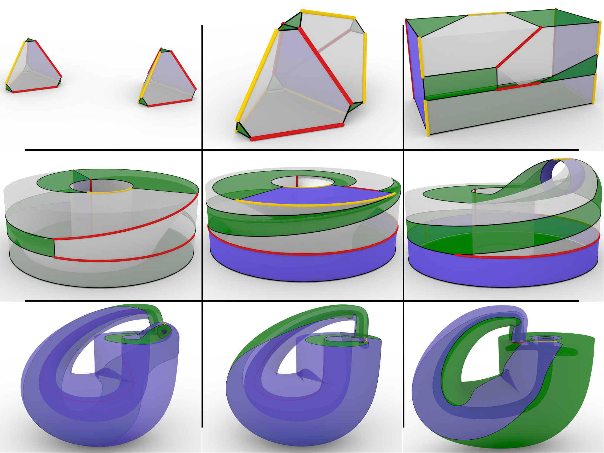 These stills from the animation show different steps of the gluing process.
