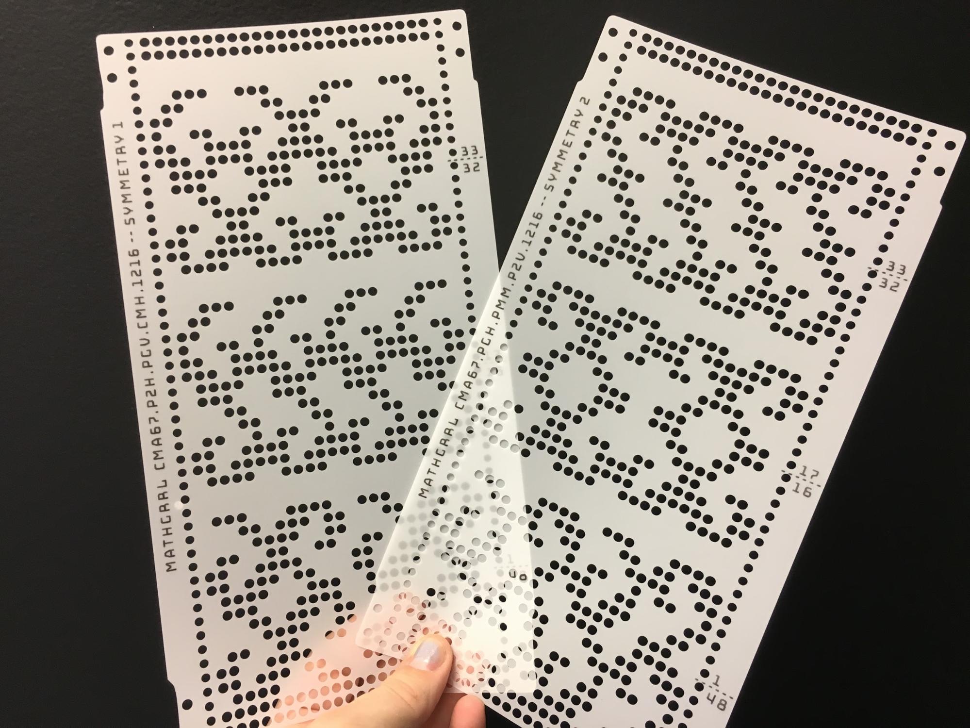 Punch cards for Brother KH-881 analog knitting machine, illustrating six different wallpaper symmetries