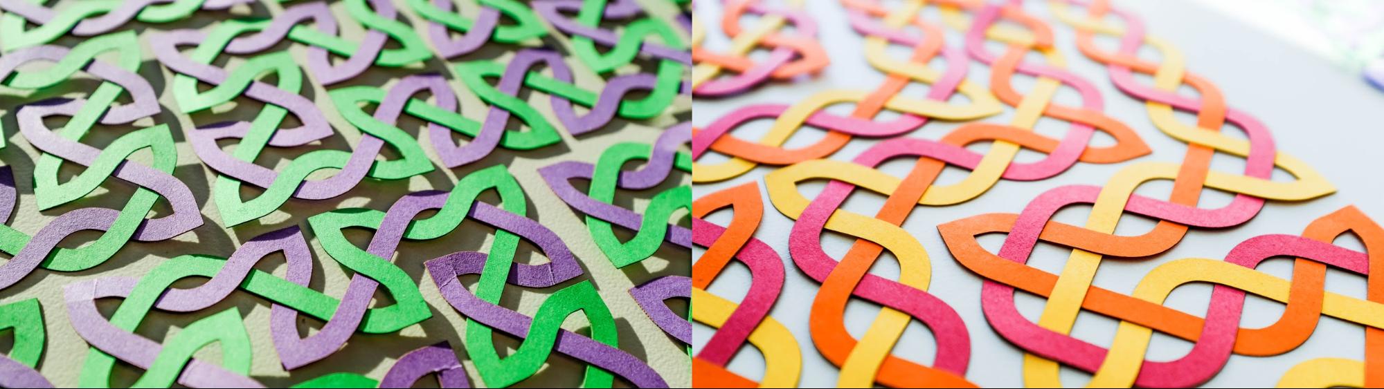 Closeups of the Celtic versions. These knots are usually presented in a flat medium, but they also have depth, being alternating knots, in which the crossings alternate between under- and overpasses.