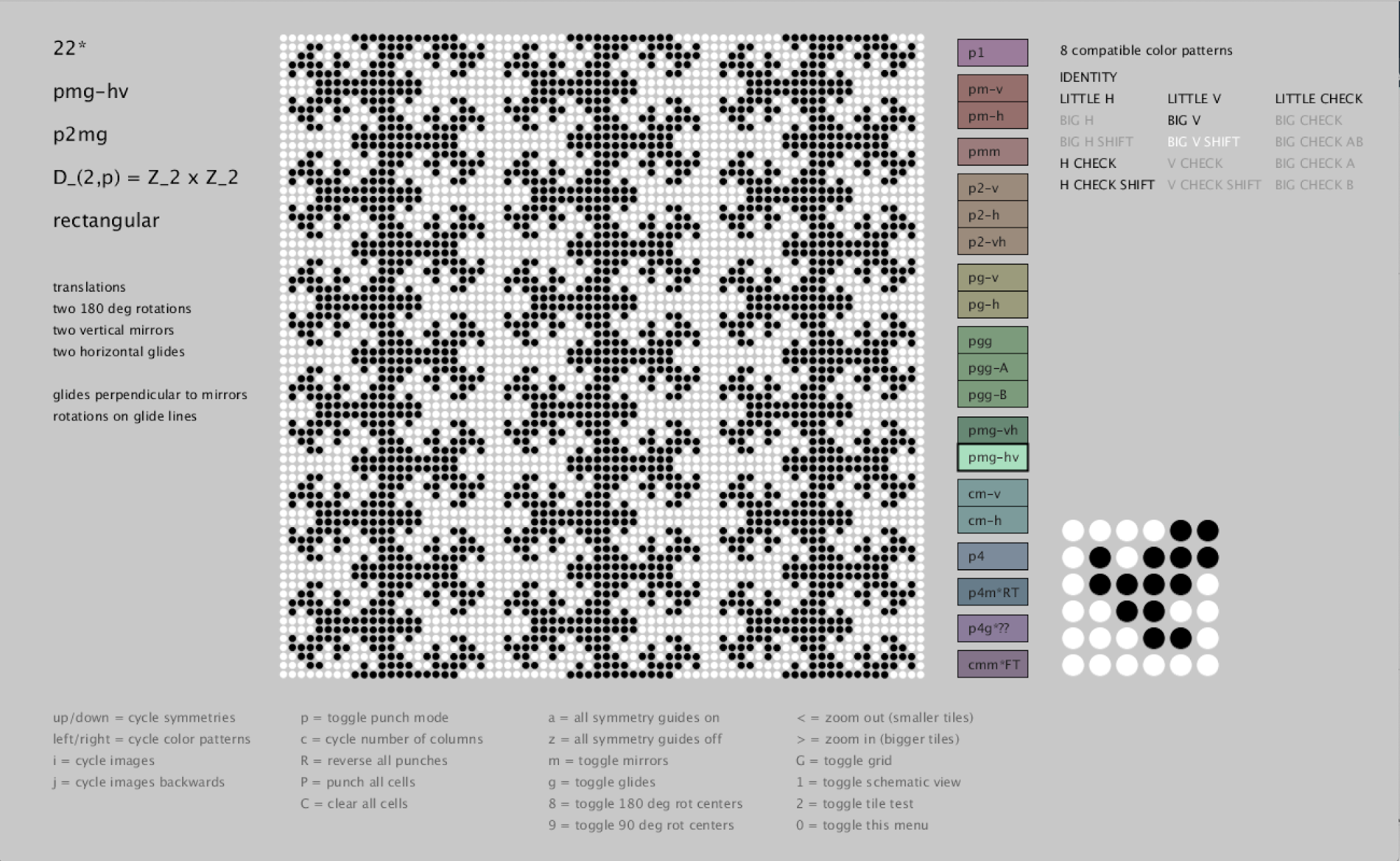Symmetry Generator showing action of a two-color variant of wallpaper symmetry pmg on an interactively generated "punch card" design