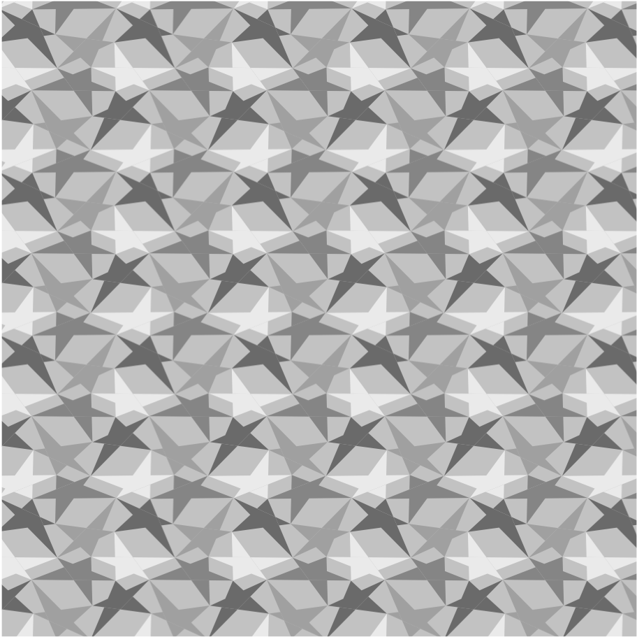 Closed-star surface design induced by a Type 7 Kershner tessellation of irregular pentagons, with a four-coloring of stars based on the 8-tile primitive unit of this tessellation