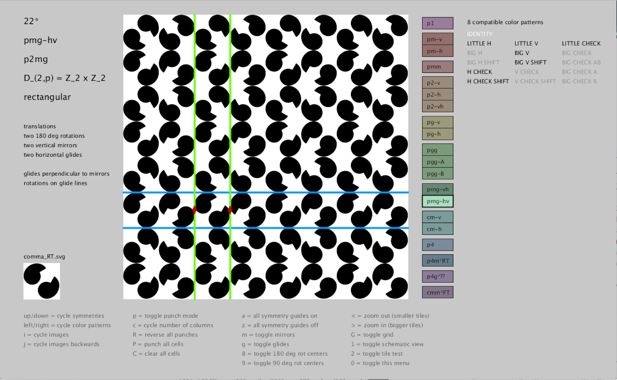 Symmetry Generator showing action of wallpaper symmetry pmg on a reverse transpose "comma" SVG image, with visible glide, mirror, and reflection marks