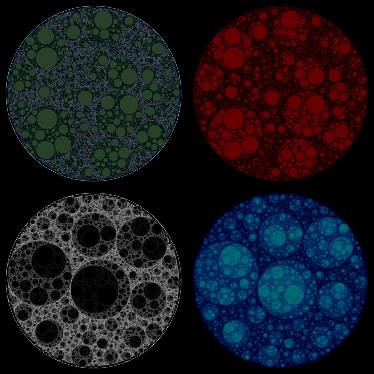 These emerge from picking points at random and constraining the depth – the number of enclosing circles – to certain numbers.