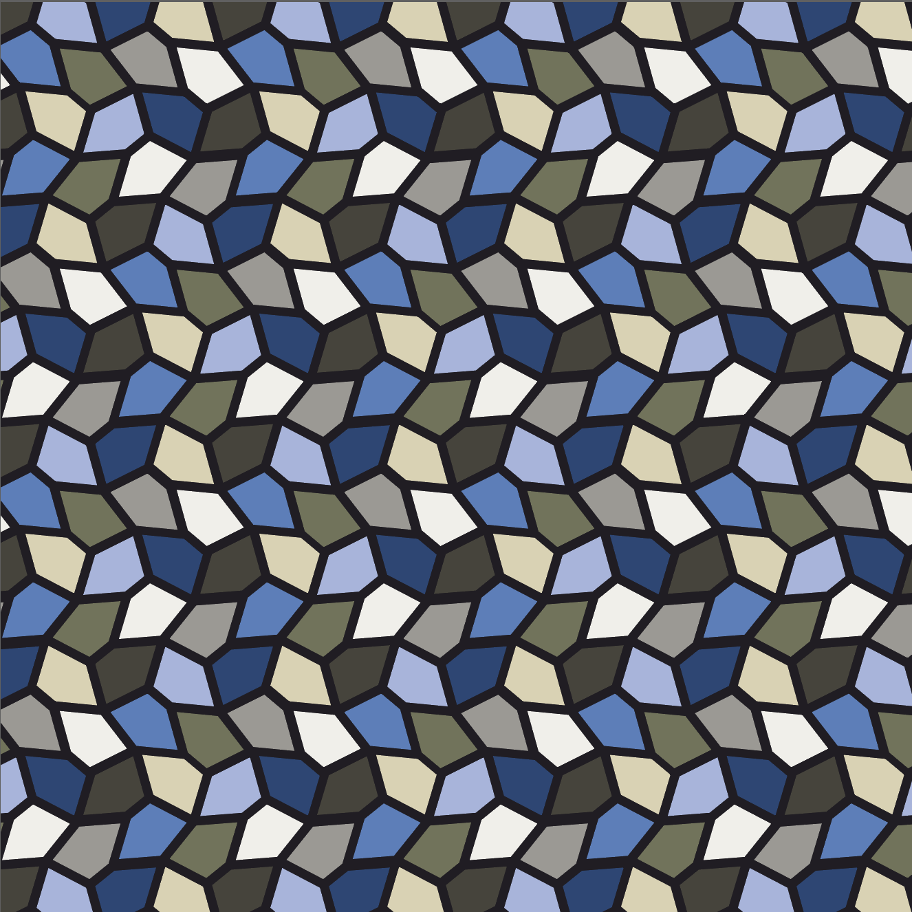 Simple stained glass surface design based on a Type 9 Rice tessellation of irregular pentagons, colored using a double 8-tile primitive unit pattern
