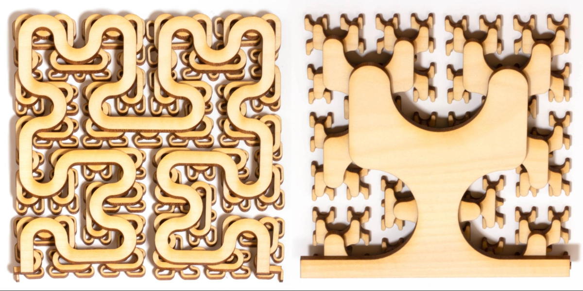 These are versions of the Hilbert curve made with a laser cutter in wood. The left picture shows three iterations of the Hilbert curve, illustrating the recursive step from one level to the next. The right picture shows shows the inverses, the spanning trees, of four levels of the Hilbert curve. (Photo: Edmund Harriss)